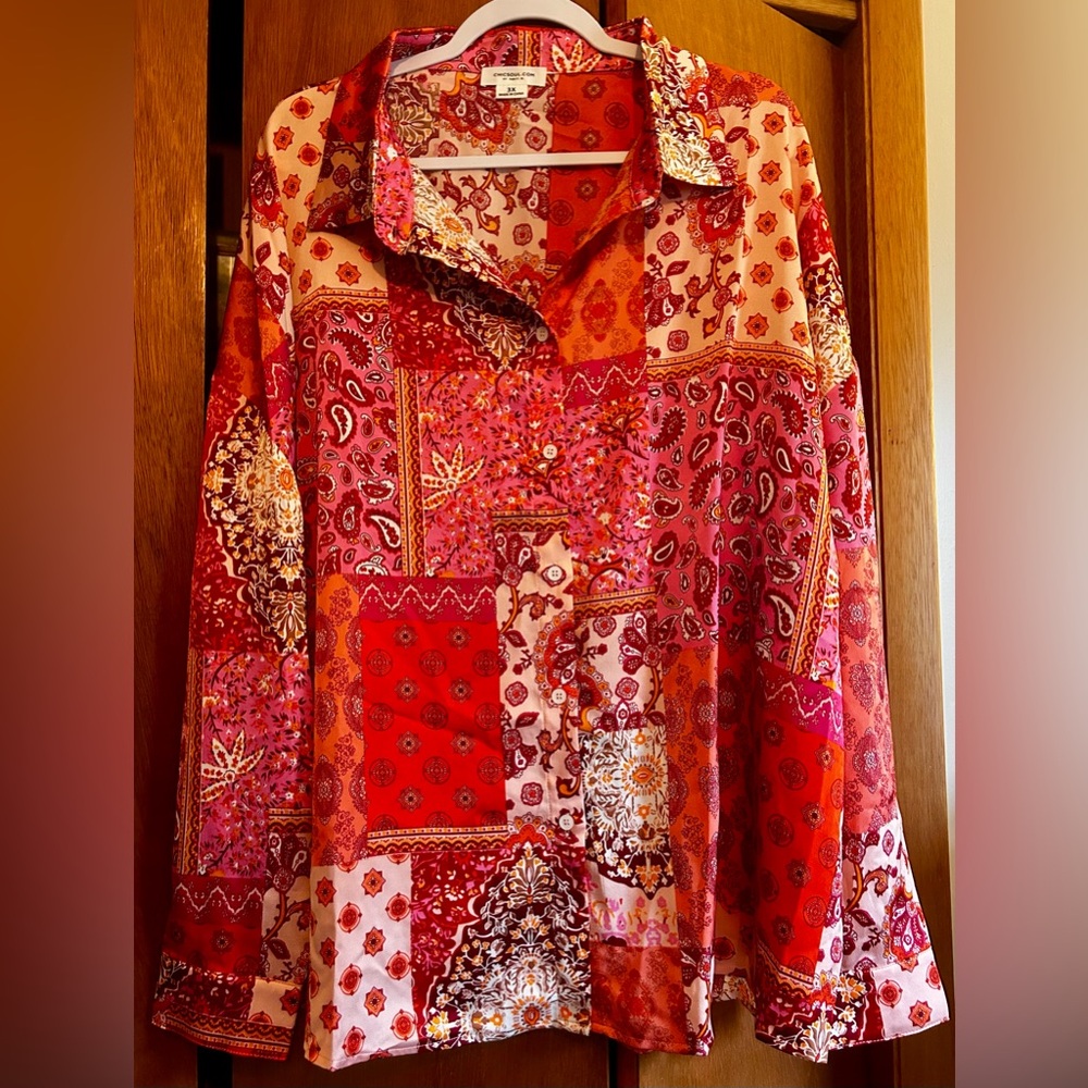 Chic Soul Red and Pink Patchwork Button Down Shirt
